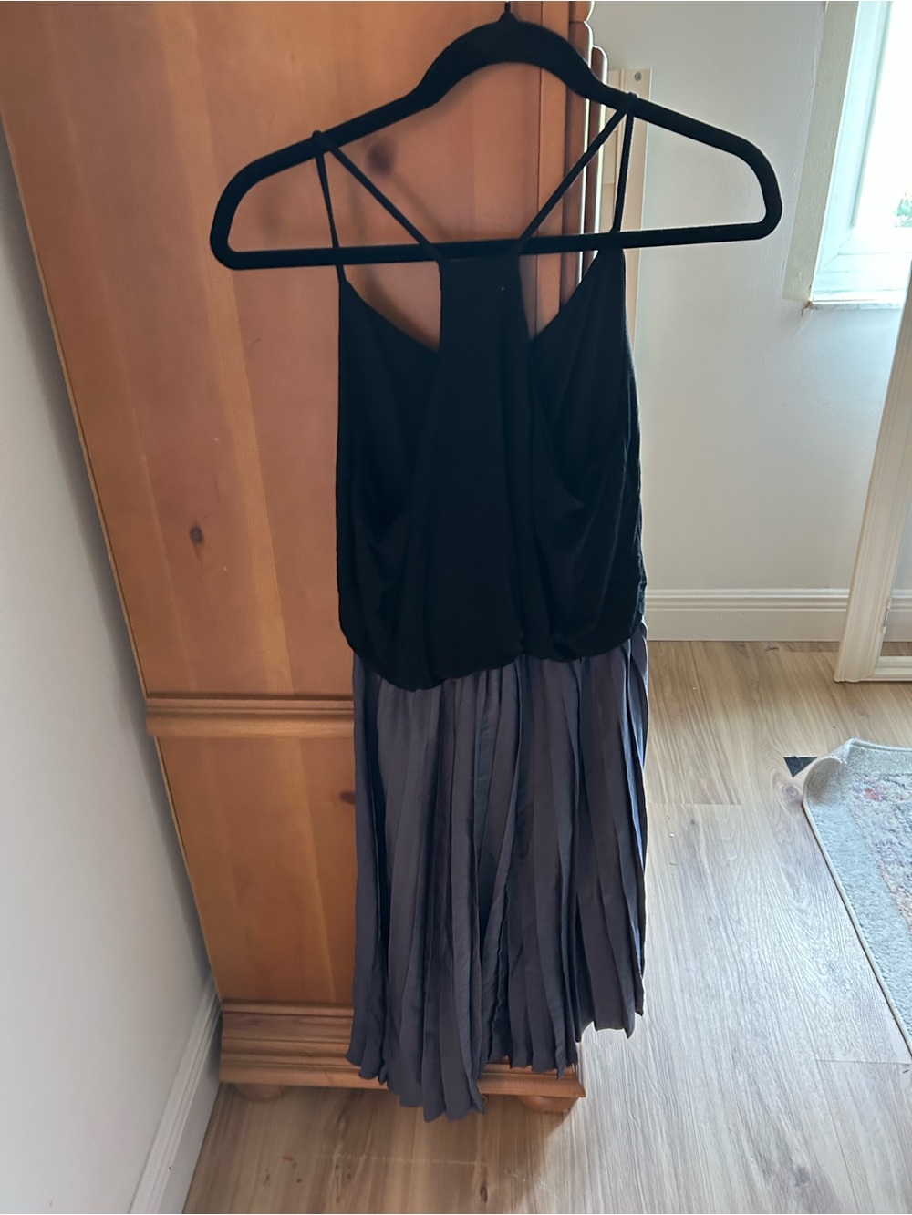 LOFT Black Racerback Top with Slate Blue Pleated Skirt Dress